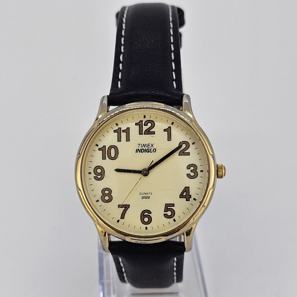 Timex‎ Men's Watch 35MM Gold Dial New Black White Leather Bands New Battery